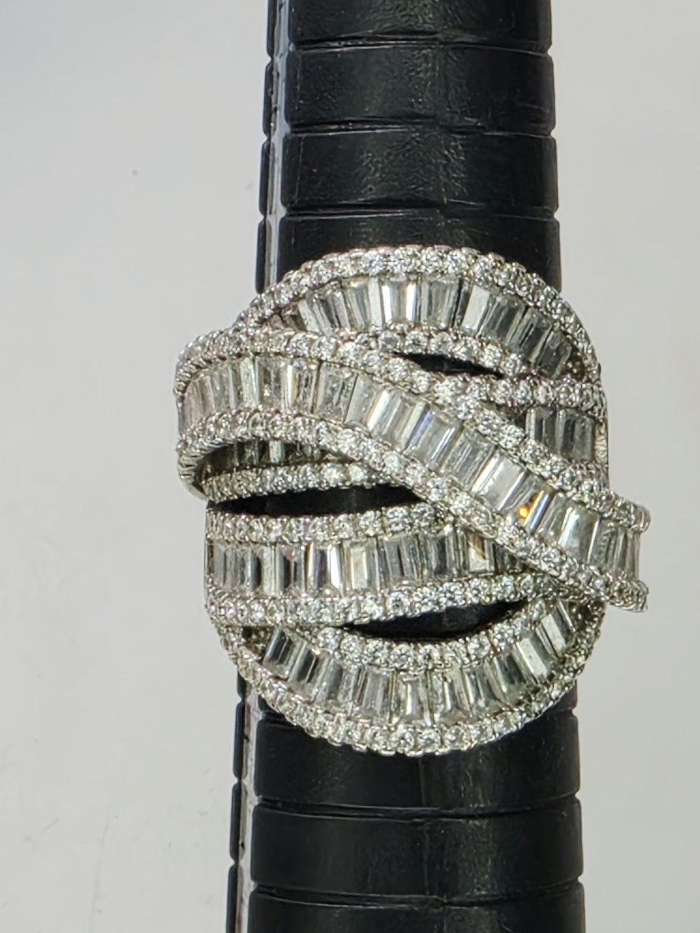 Diamonique Baguette & Round Wide Crossover Band Ring Sterling Silver Size 9 Box